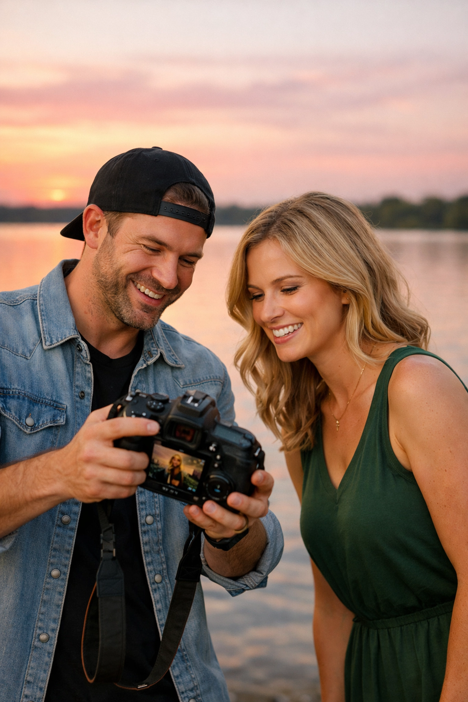 A professional Dallas photographer reviewing camera shots with a client at White Rock Lake.