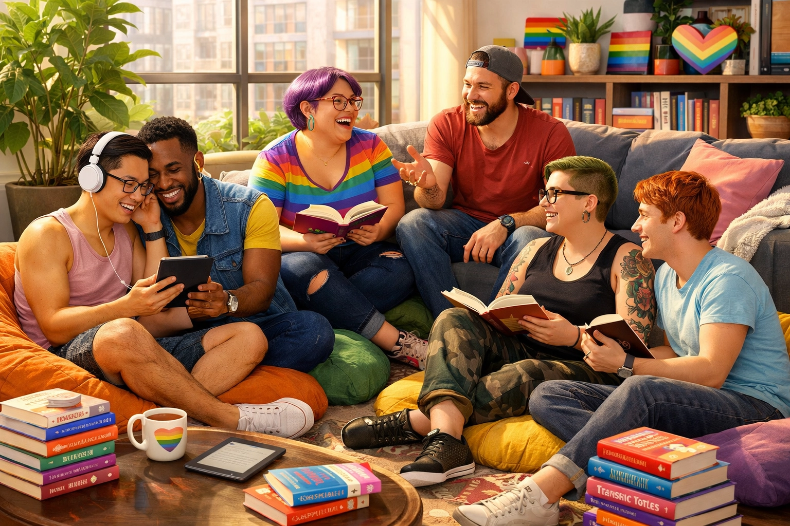 A diverse group of friends in an LGBTQ+ book club sharing queer fiction in a modern, welcoming home.