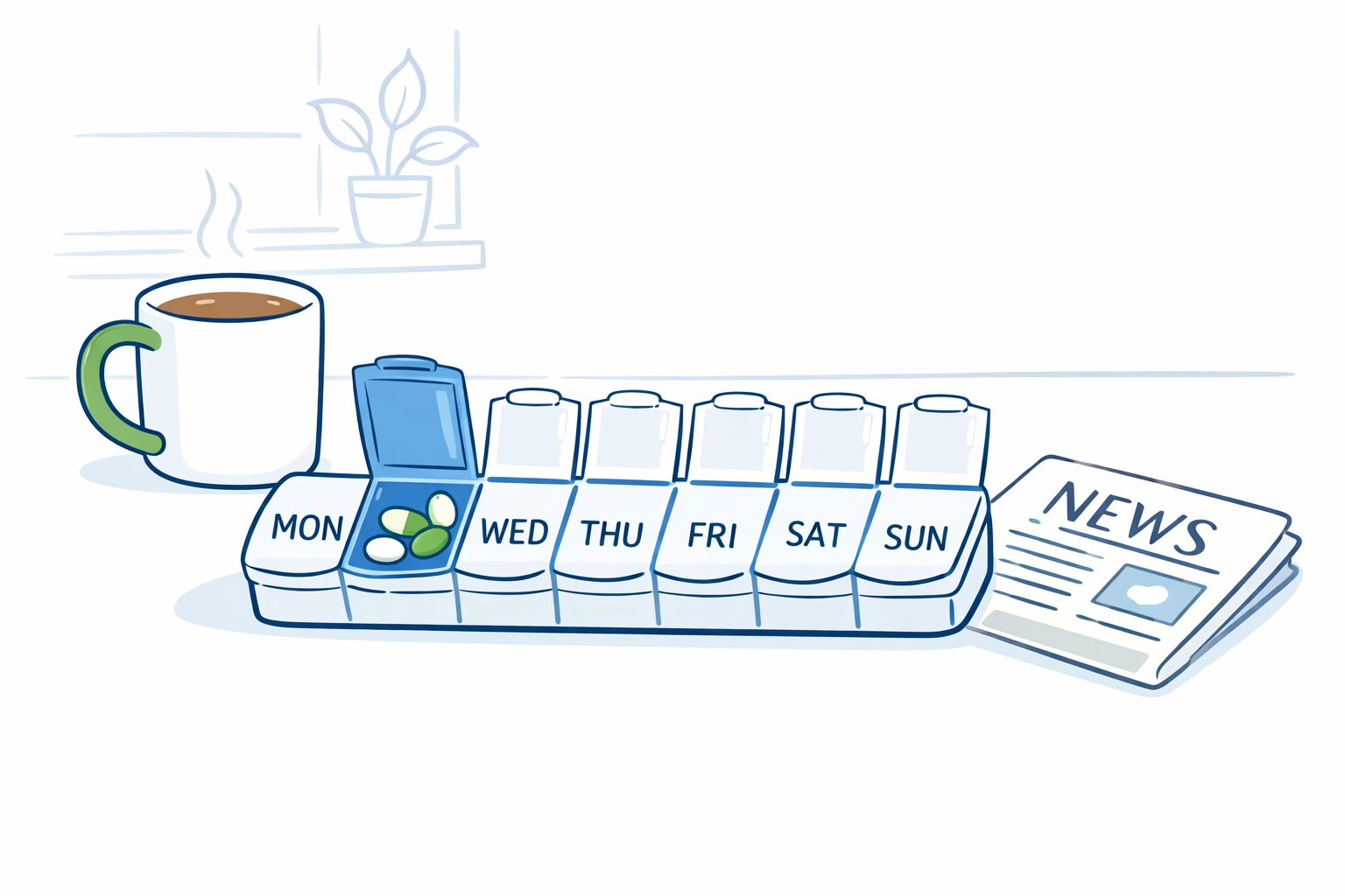 Weekly pill organizer with labeled compartments for senior medication management