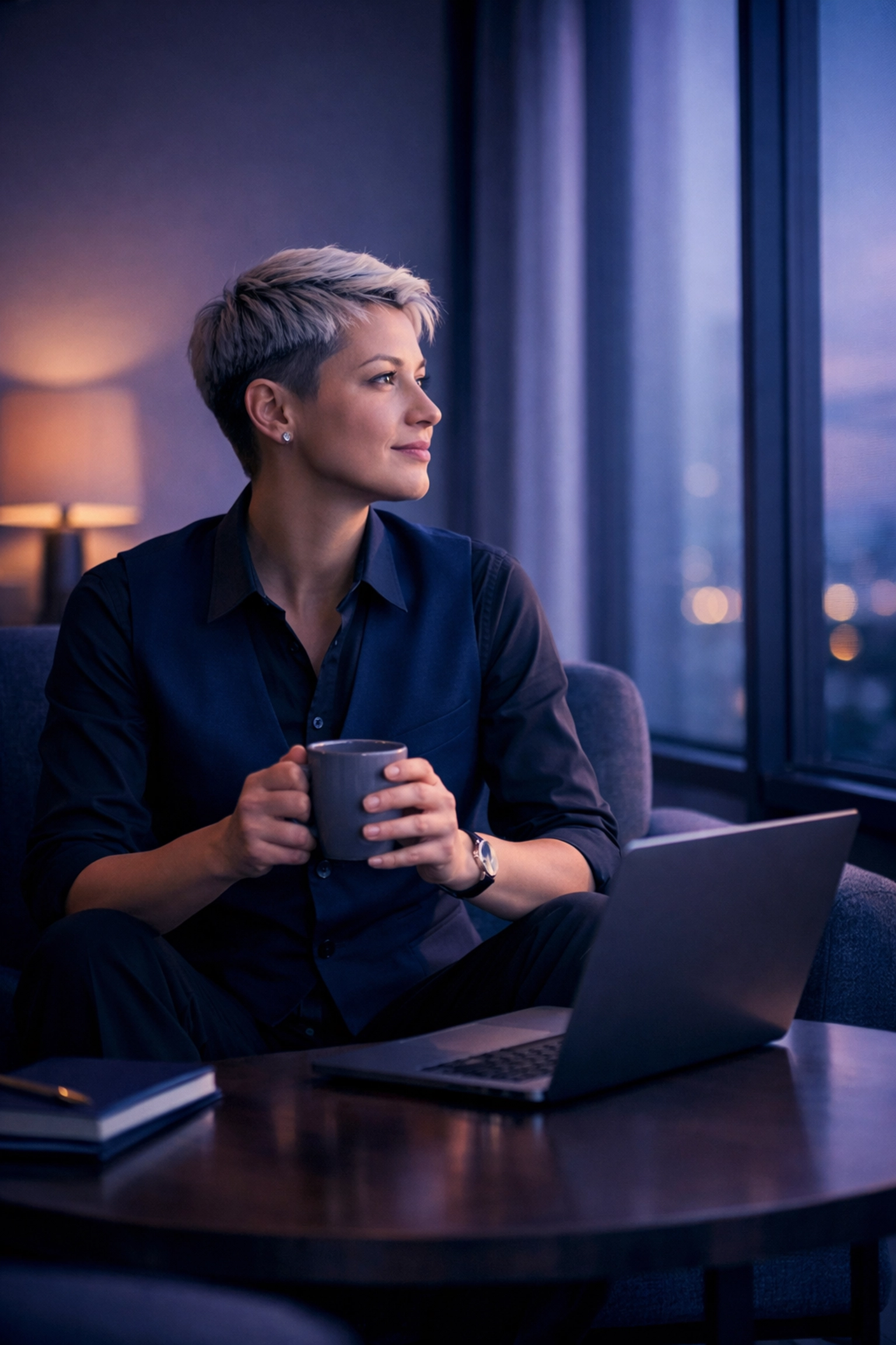 An LGBTQ+ professional taking a break in a modern office, representing career growth and self-care.