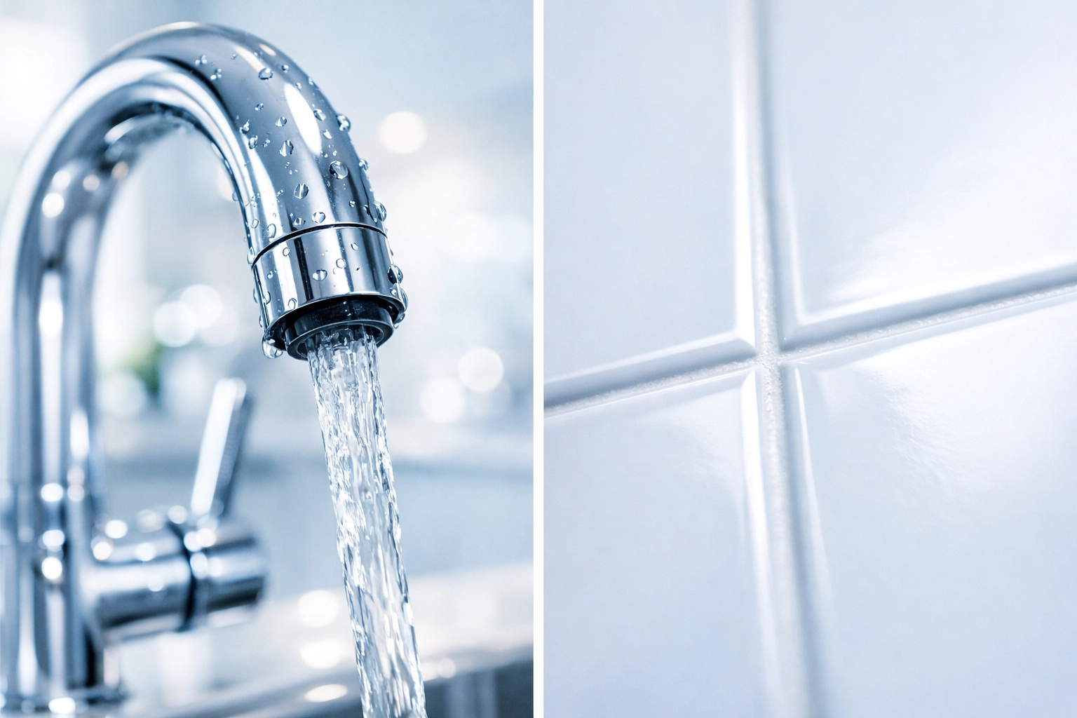 Detailed deep cleaning MA of a stainless steel kitchen faucet and scrubbed bathroom tile grout lines.