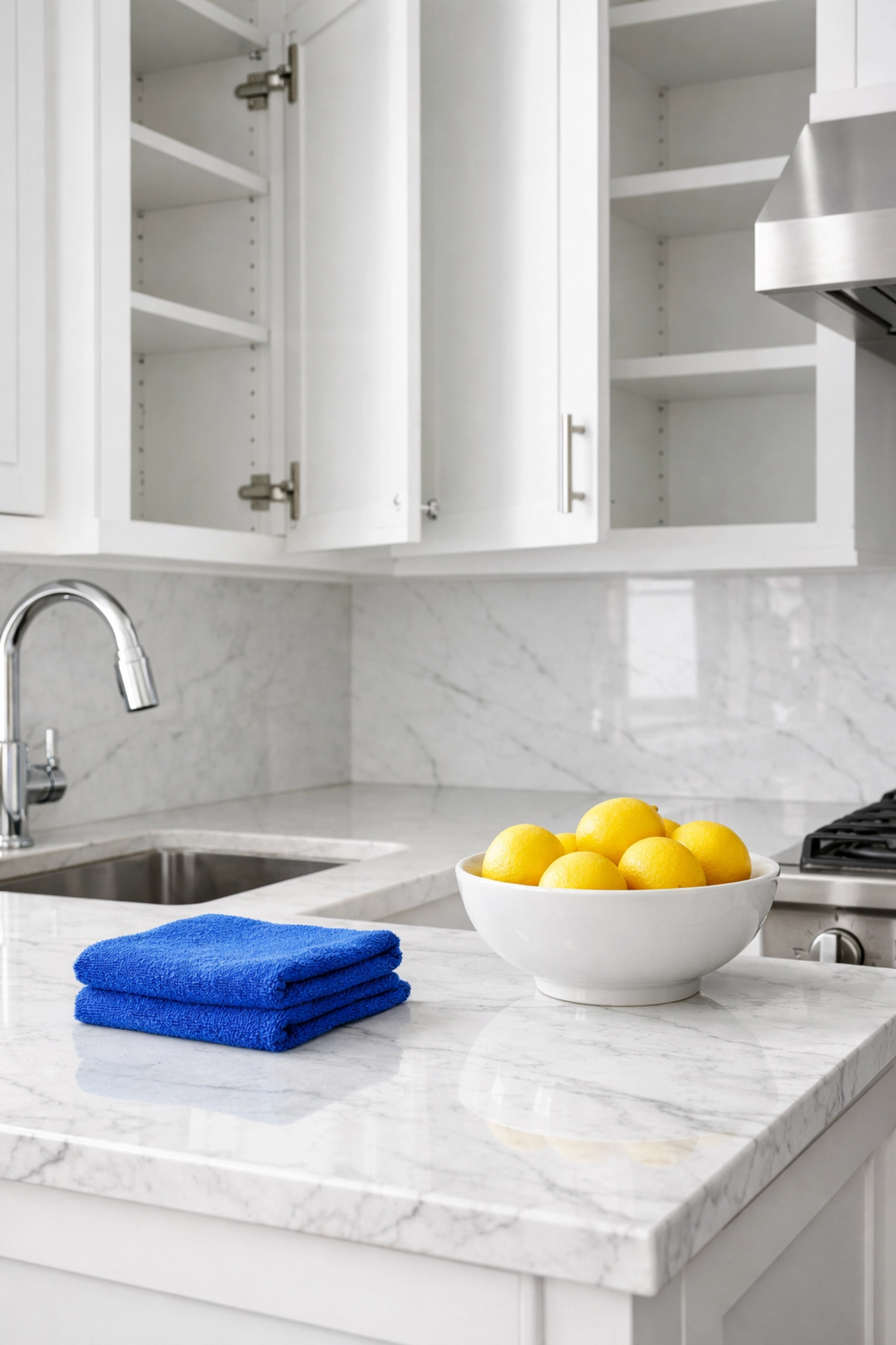Professional move-in cleaning in Boston showing sanitized white kitchen cabinets and marble countertops.