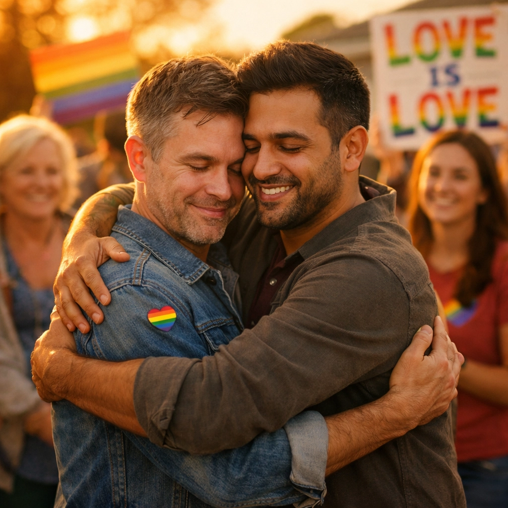 Gay couple embracing at PFLAG family acceptance event with pride supporters
