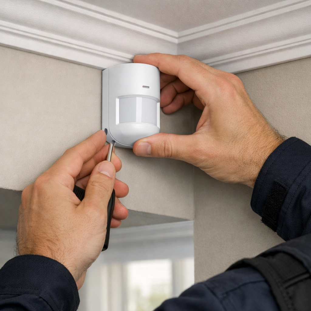 Professional intruder alarm installation showing a technician fitting a motion sensor in a modern home.