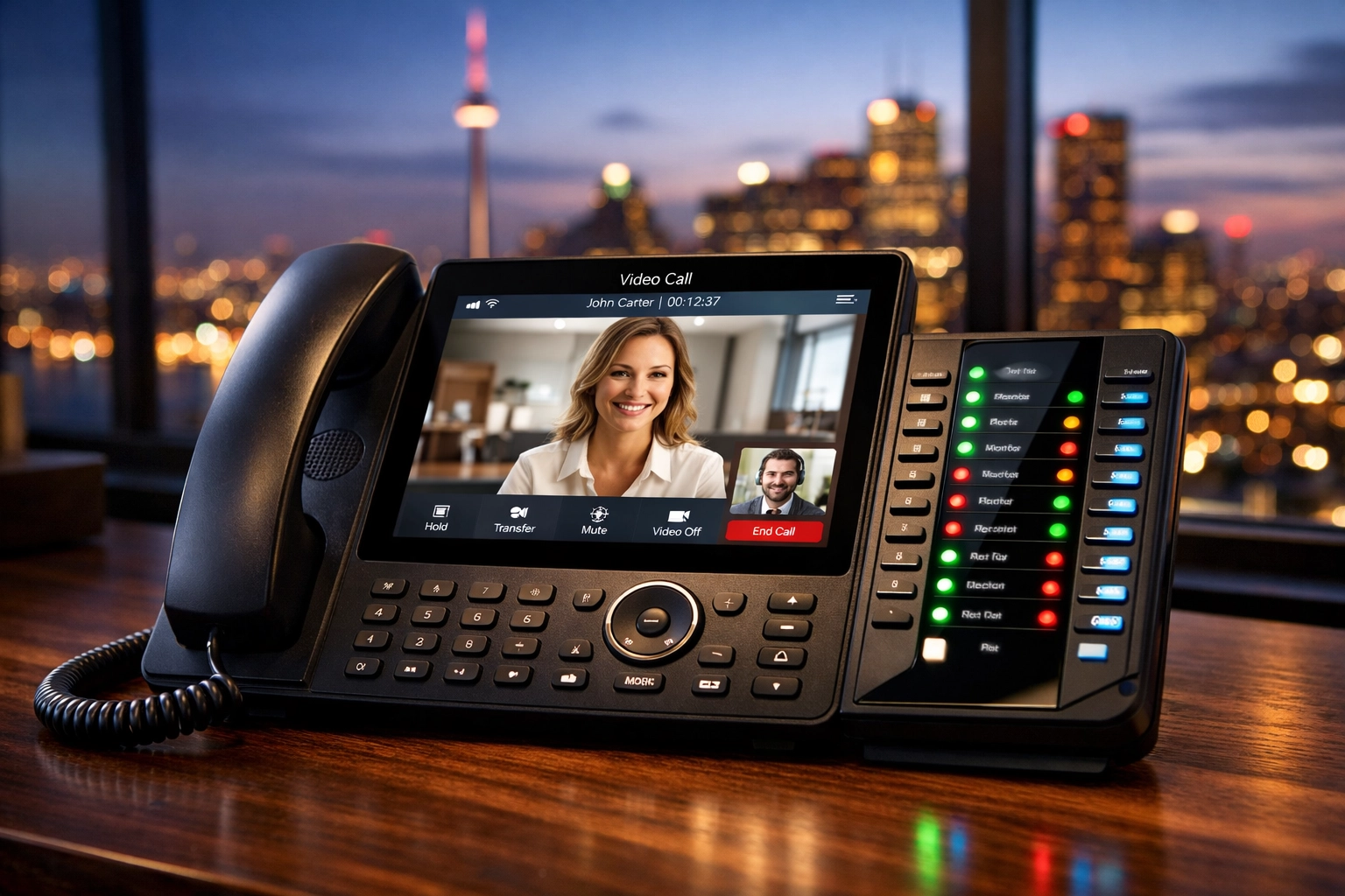 High-end IP video phone and expansion module for businesses using hosted PBX solutions.