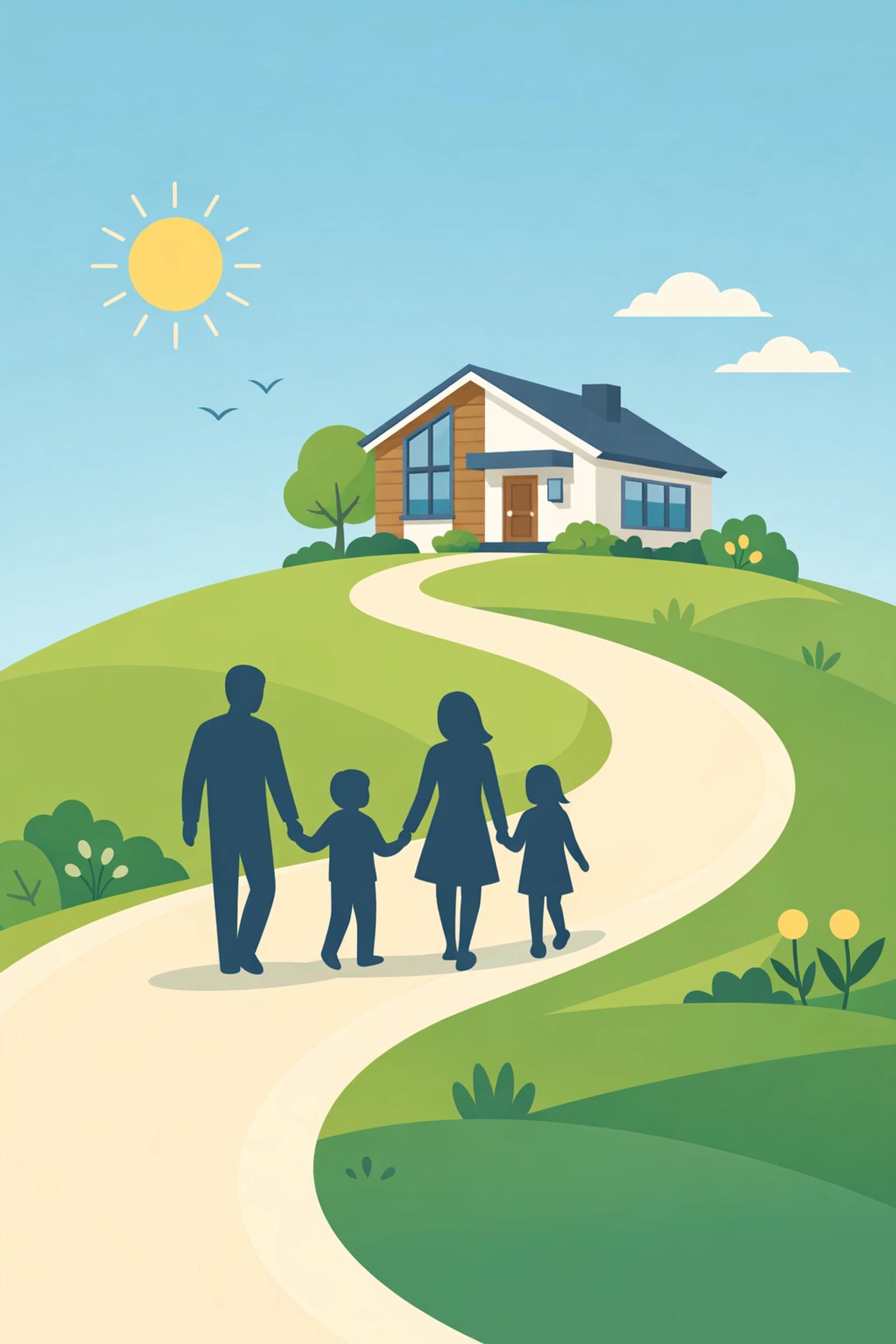 Familia latina caminando hacia su nueva casa tras calificar para un crédito hipotecario.