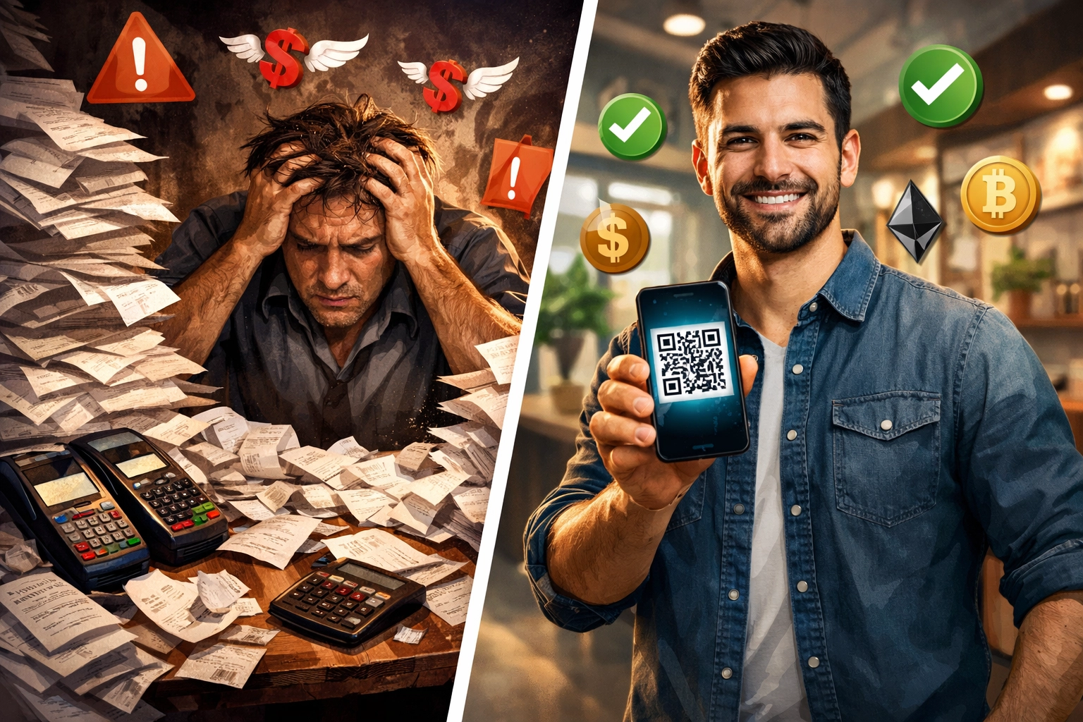 Traditional merchant vs crypto merchant comparison showing fee savings with Larecoin payments