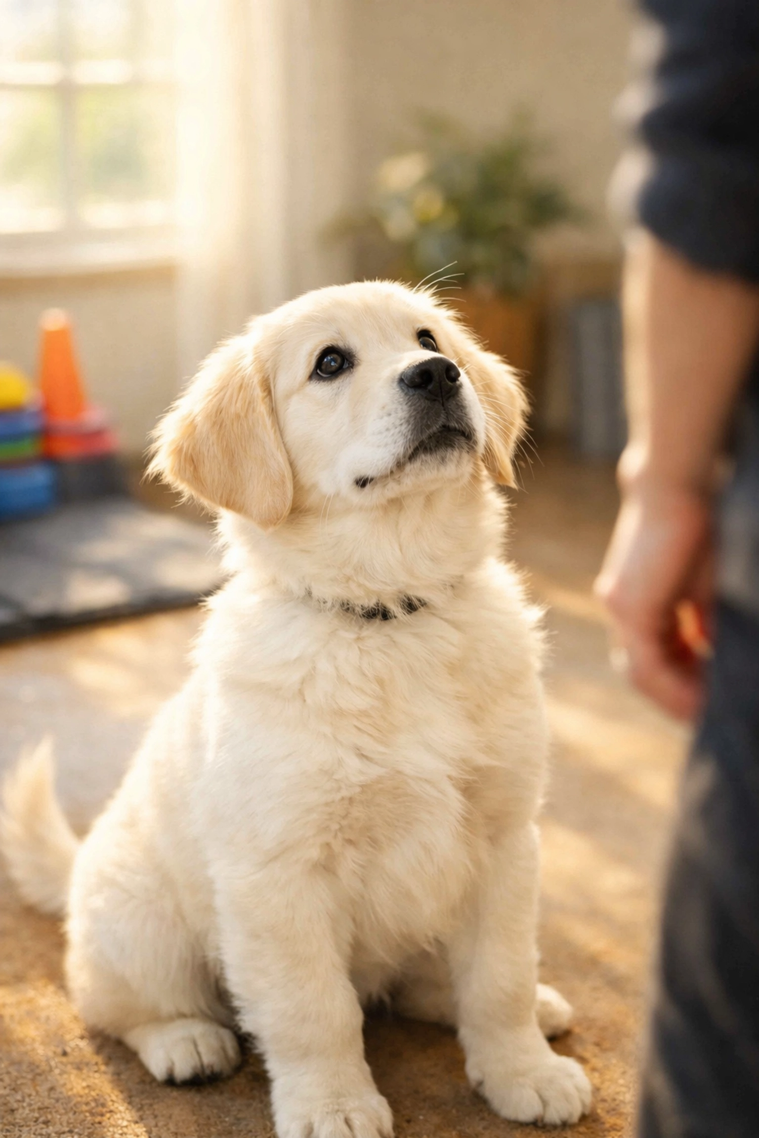 English Cream Golden Retriever puppy showing focused attention during training session