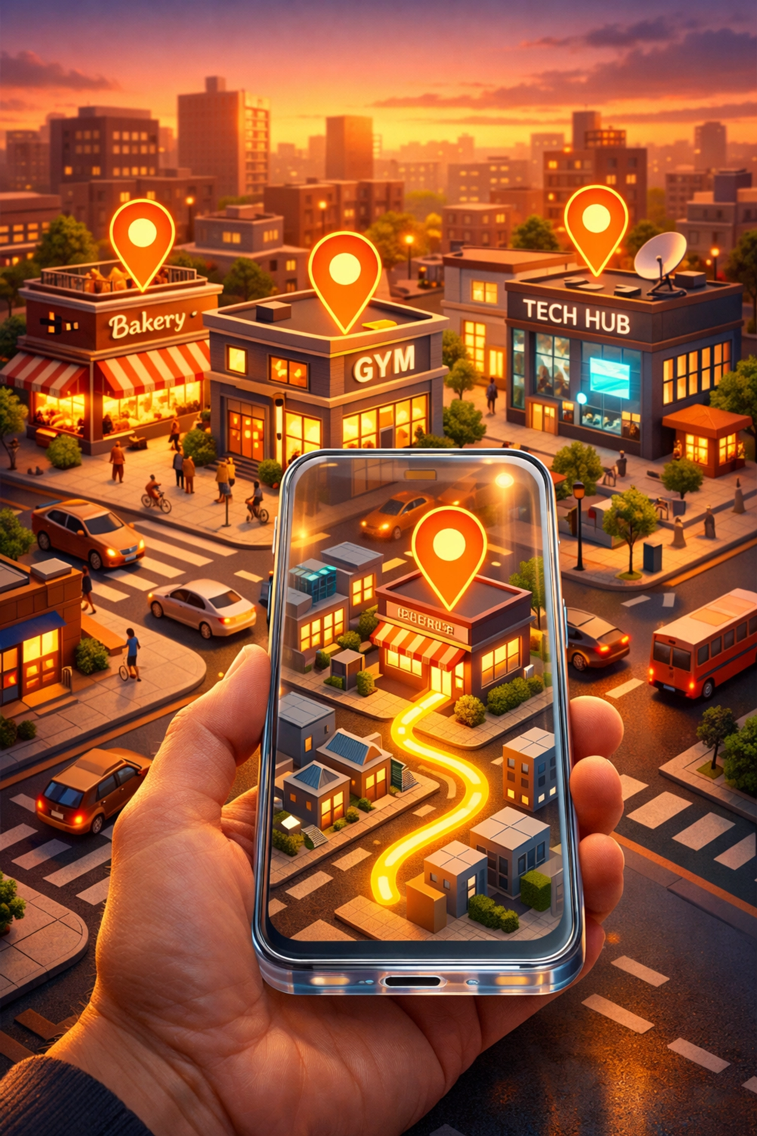 A smartphone displaying a local business map with location pins for local SEO optimization.