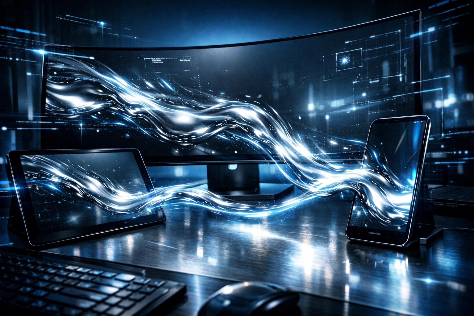 Seamless visual brand identity displayed across multiple devices including a smartphone, tablet, and monitor.