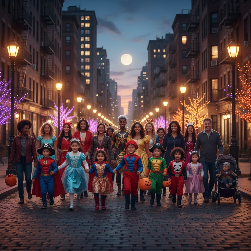 Picture of a group of men and women walking behind a group of children in costume trick or treating. Boo! the Ultimate Guide for a Safe and fun Halloween 2025