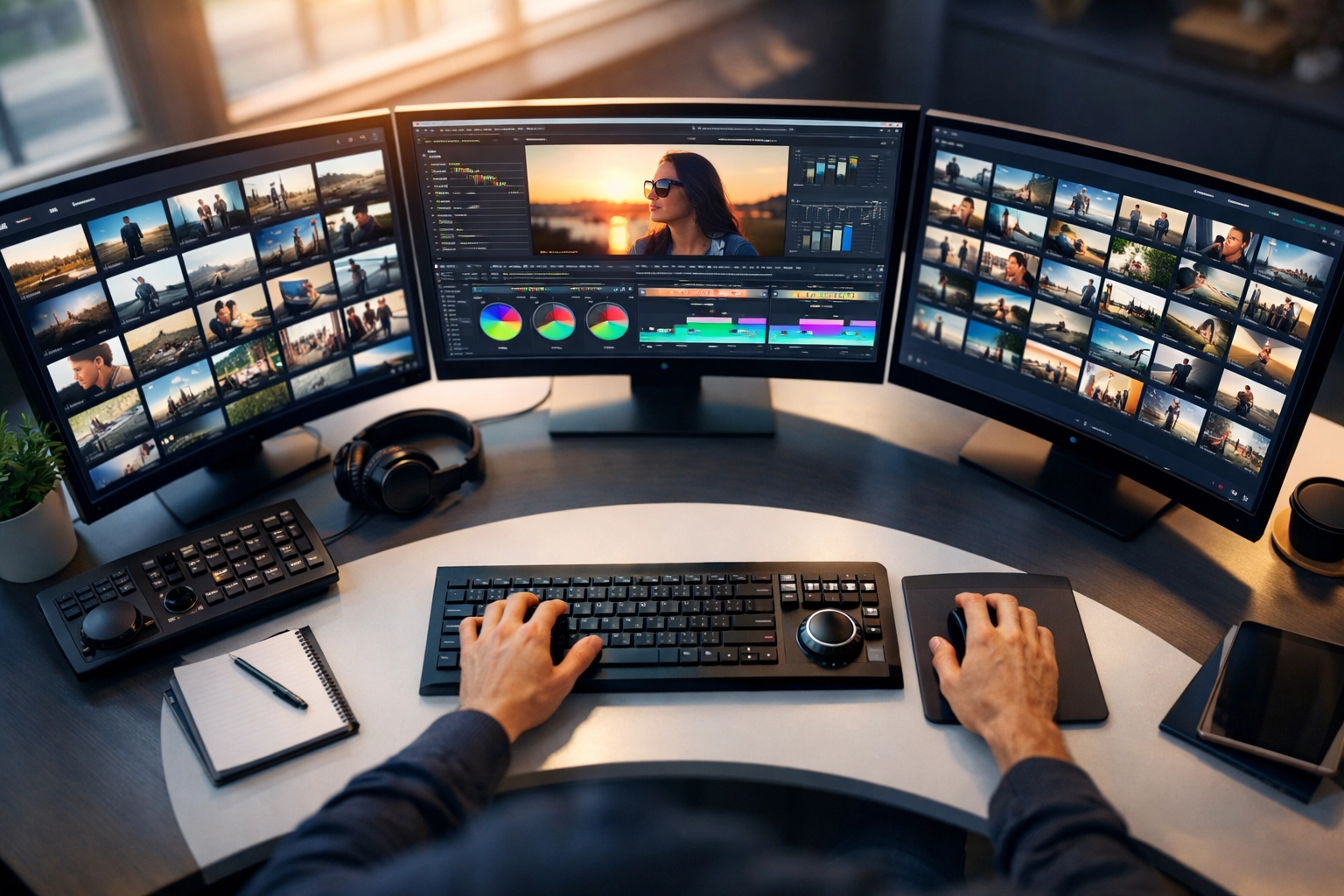 Professional media asset management workspace with multiple monitors displaying organized campaign videos and images