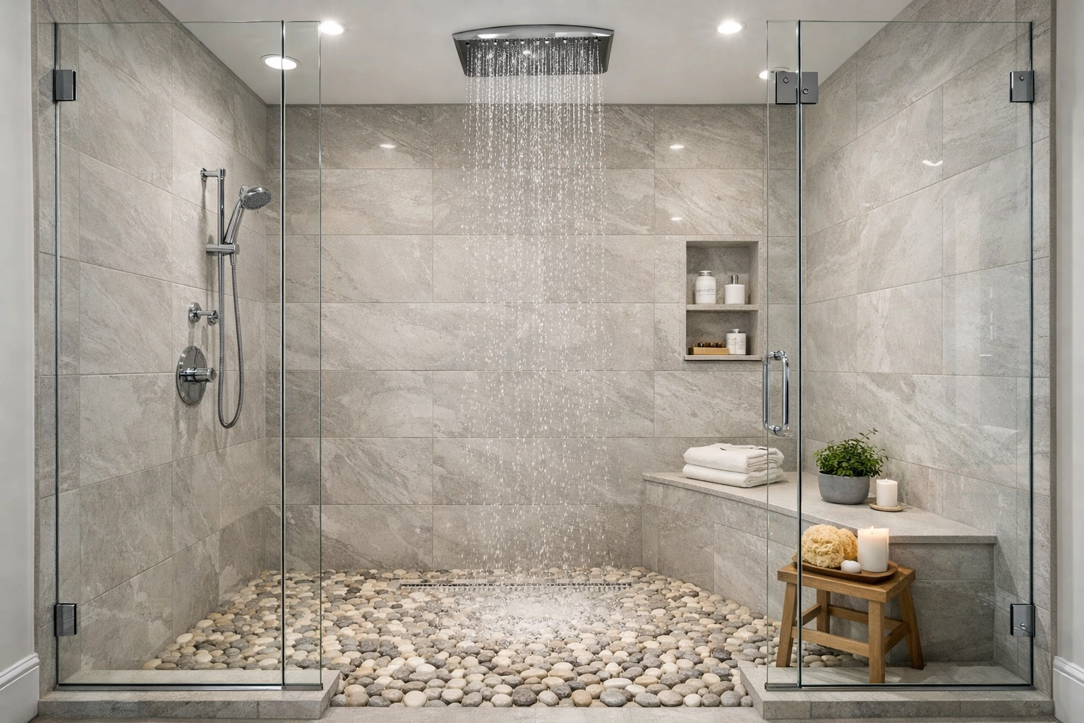 High-ROI bathroom renovation in Orlando with a luxury walk-in glass shower and rainfall showerhead.