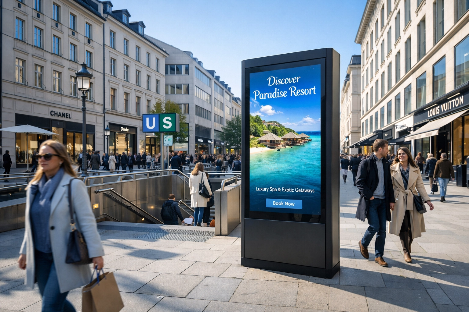 Hyper-targeted DOOH display in a busy urban shopping district driving local foot traffic.