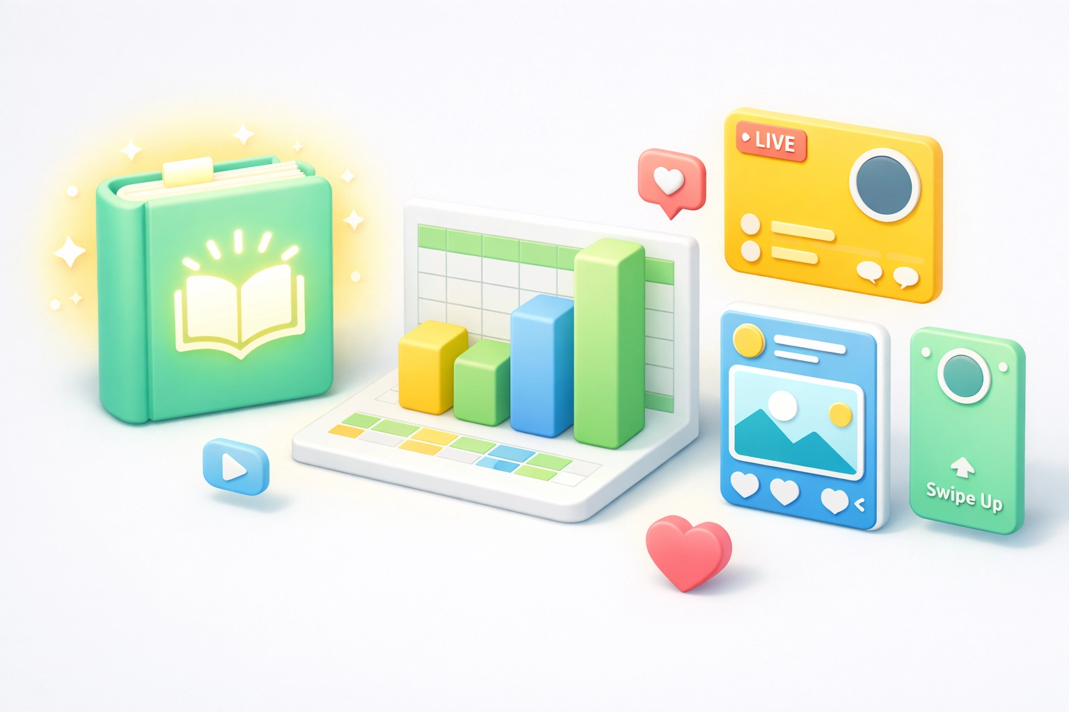 Graphic illustration showing various digital products like eBooks, spreadsheets, and social media templates.