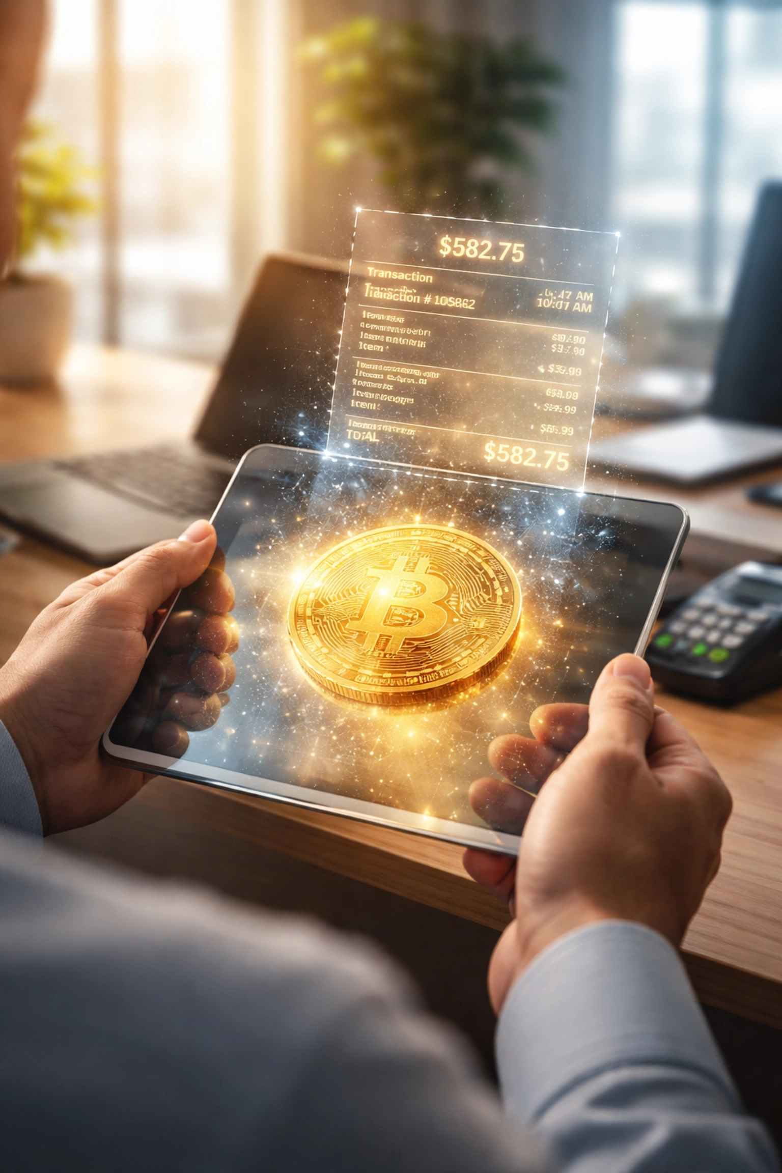 Merchant holds a tablet with a glowing Larecoin receivables token and holographic NFT receipt for blockchain accounting