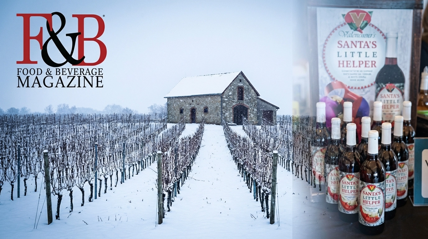 Winter Wonderland in the Vines hero — New Jersey vineyard in winter with Food & Beverage Magazine logo — Photo Credit: PNDA Creative