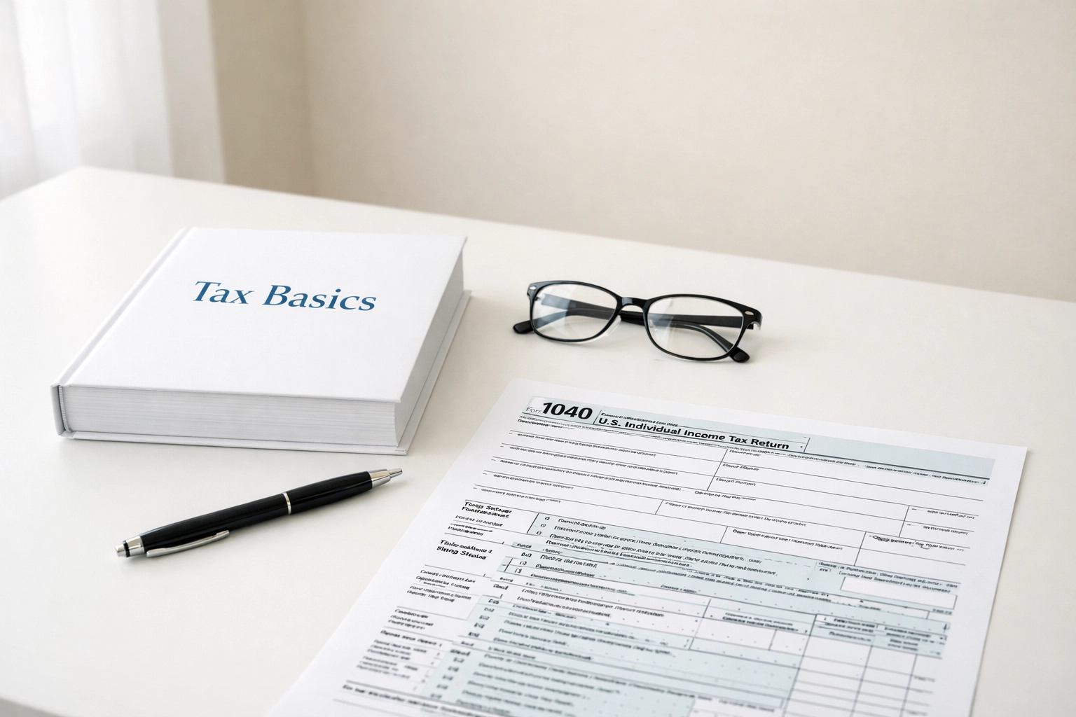Beginner tax preparation course materials including textbook and 1040 form