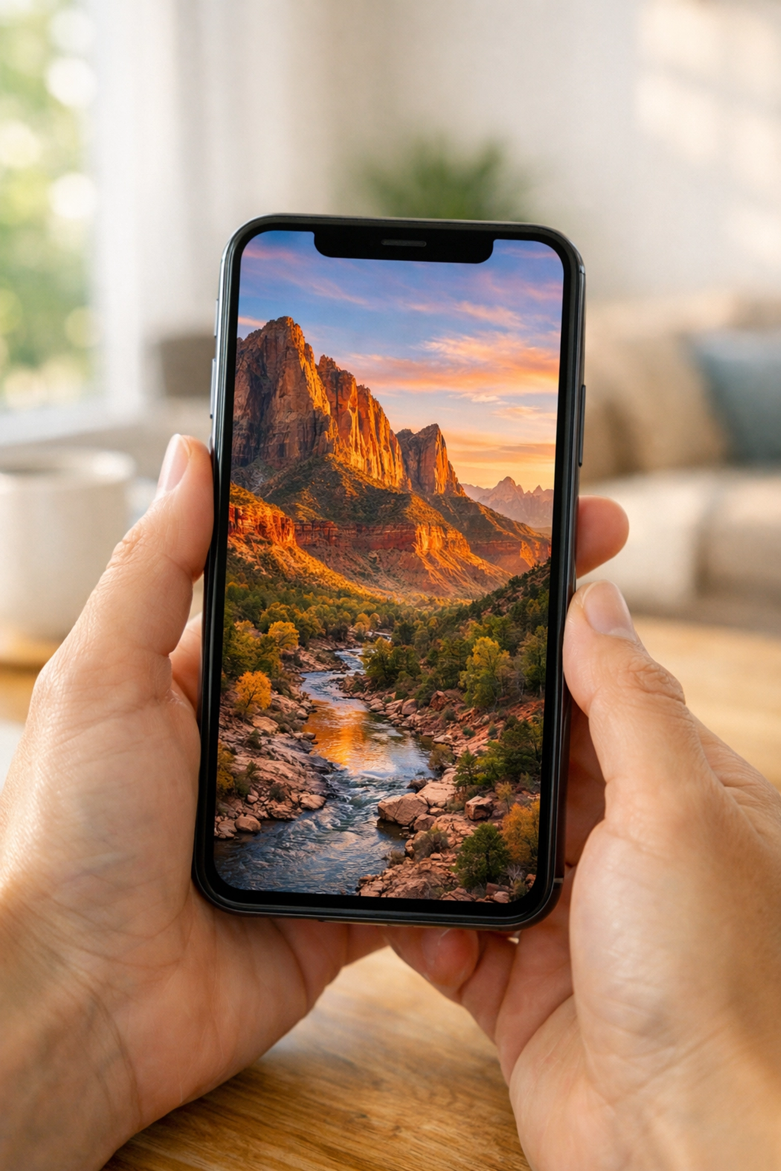 A sharp Zion National Park landscape loading instantly on a mobile phone screen.