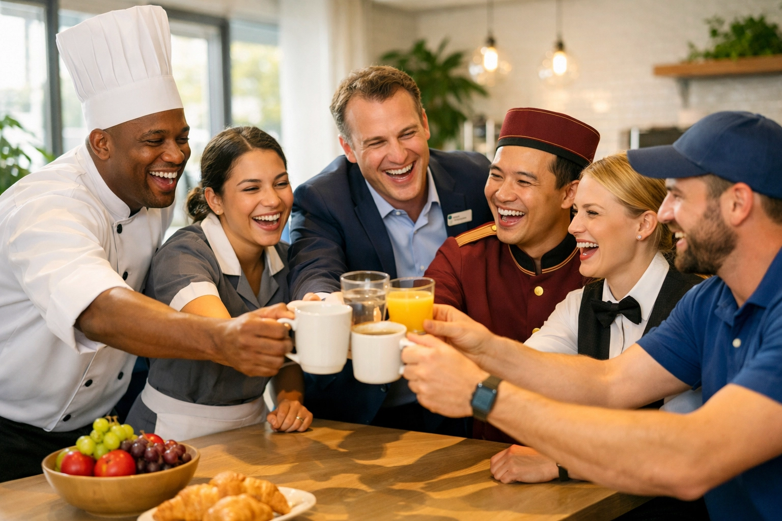 Hospitality employees celebrating together in hotel break room demonstrating team culture