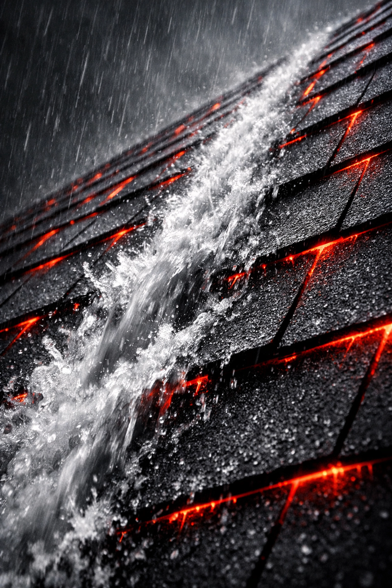 High-velocity rainwater rushing down a steep shingle roof in Salisbury, MD, during a heavy storm.