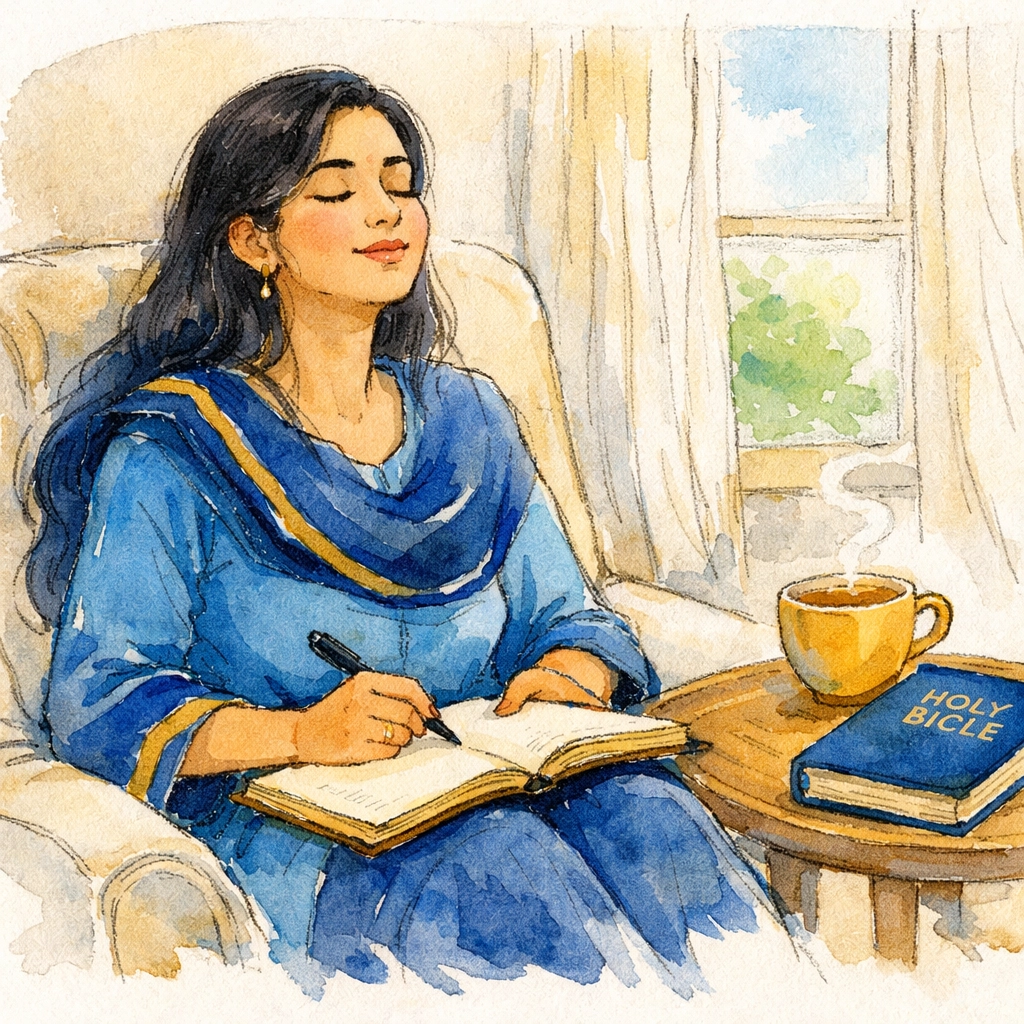 Woman journaling and reflecting after Sunday worship service at home