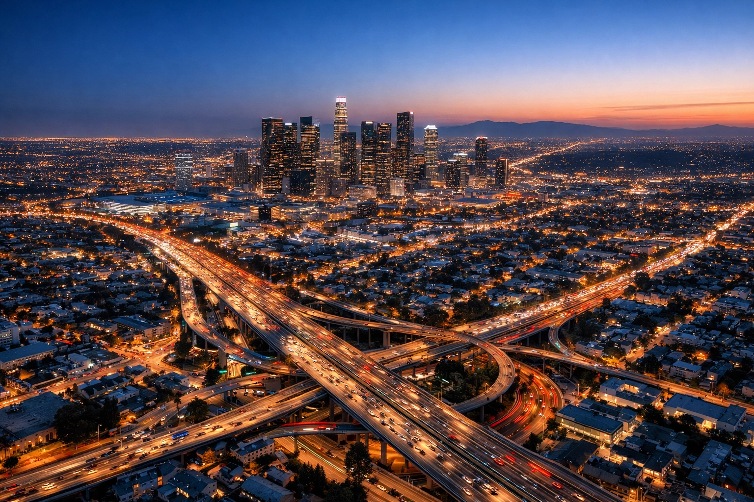 Aerial view of Los Angeles skyline at twilight illustrating wide geographic DOOH advertising reach.