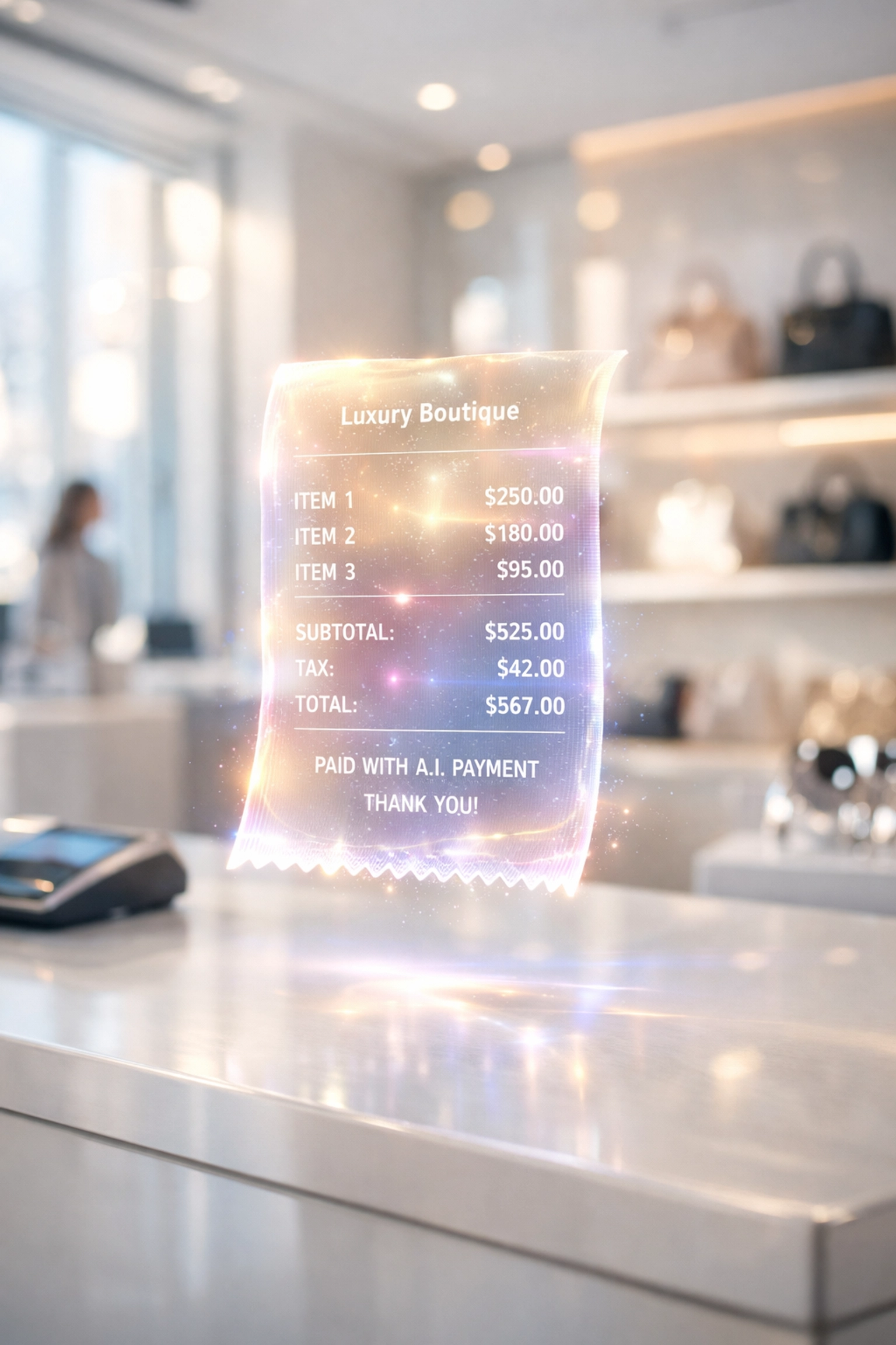 Futuristic retail checkout featuring a digital holographic receipt from Larecoin.ai AI-powered payment processing.