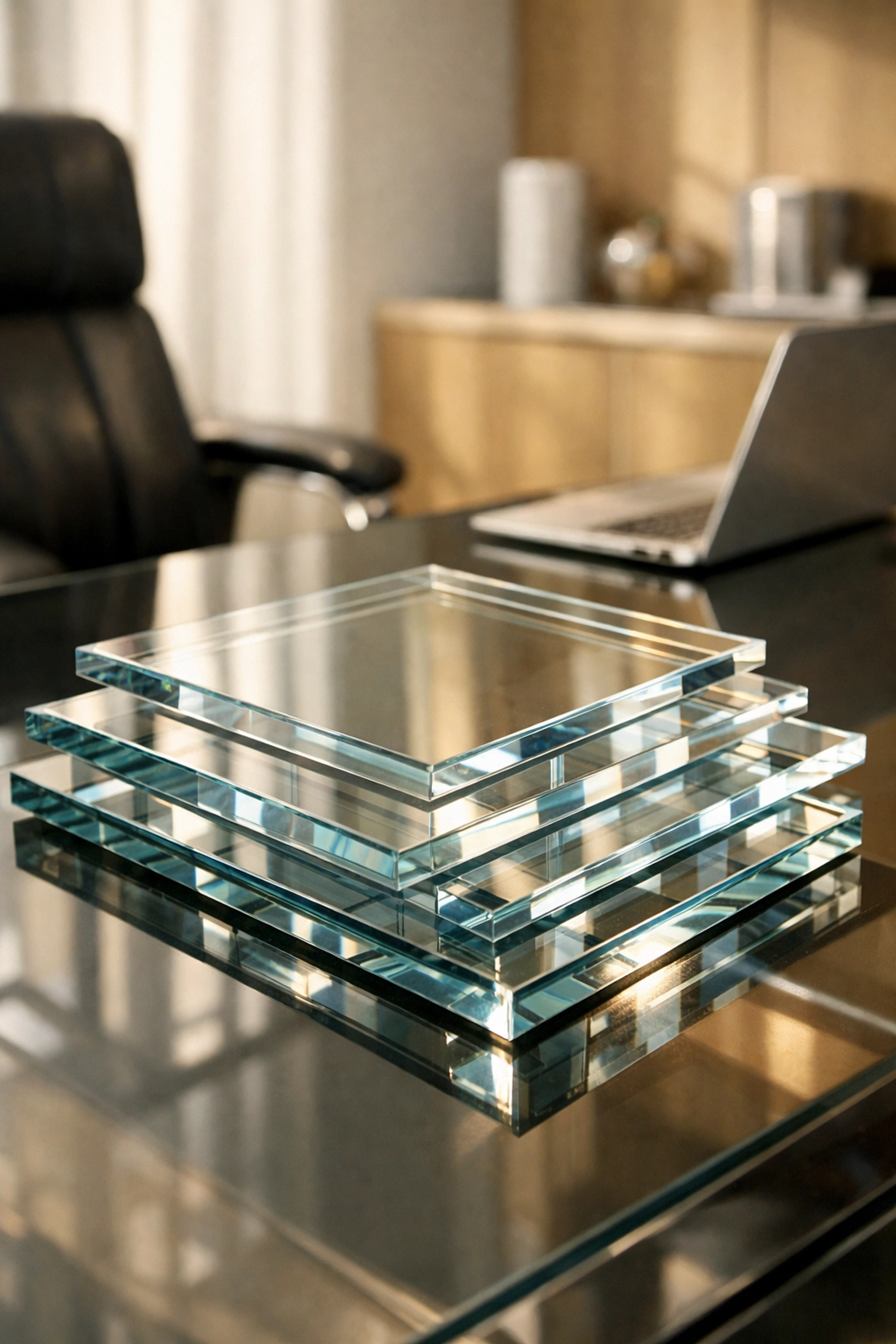 Stacked geometric glass on an office desk symbolizing an organized framework for financial management and scaling.