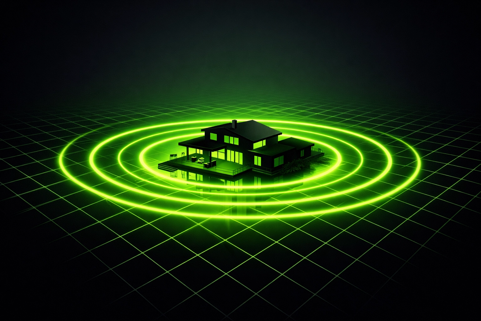 Modern lakeside home icon on a digital grid for Camden County plumbing service directory leasing.