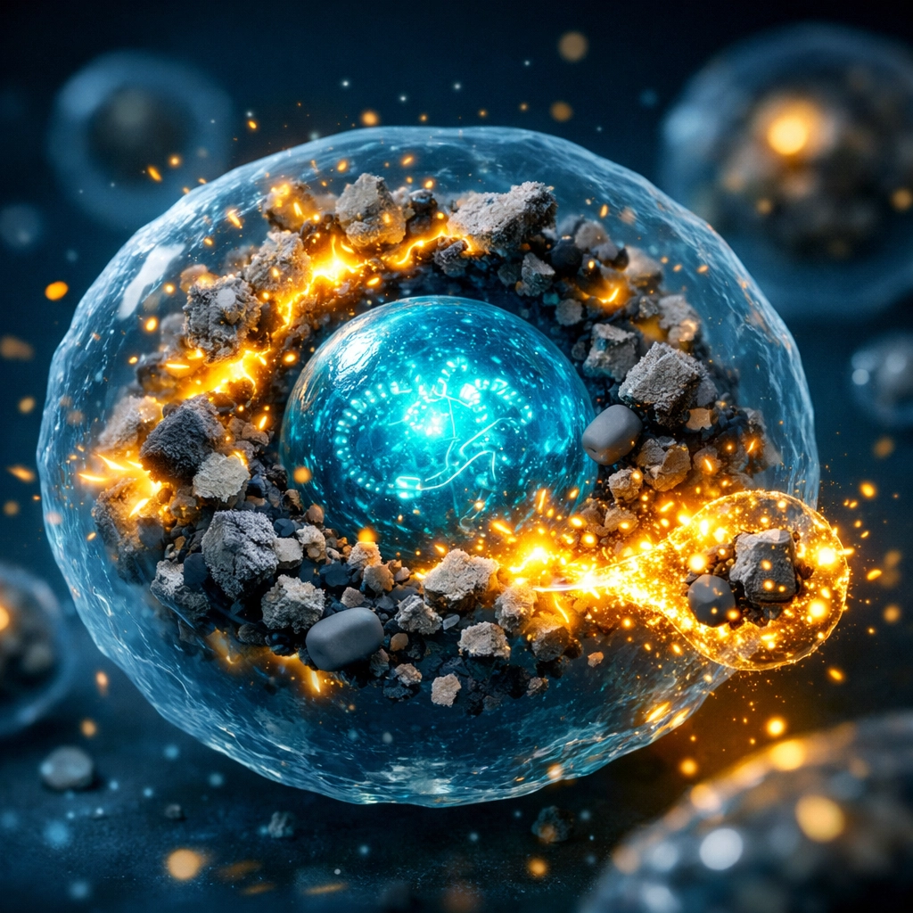 Visualization of a healthy human cell undergoing autophagy cleanup to promote longevity and cellular repair.