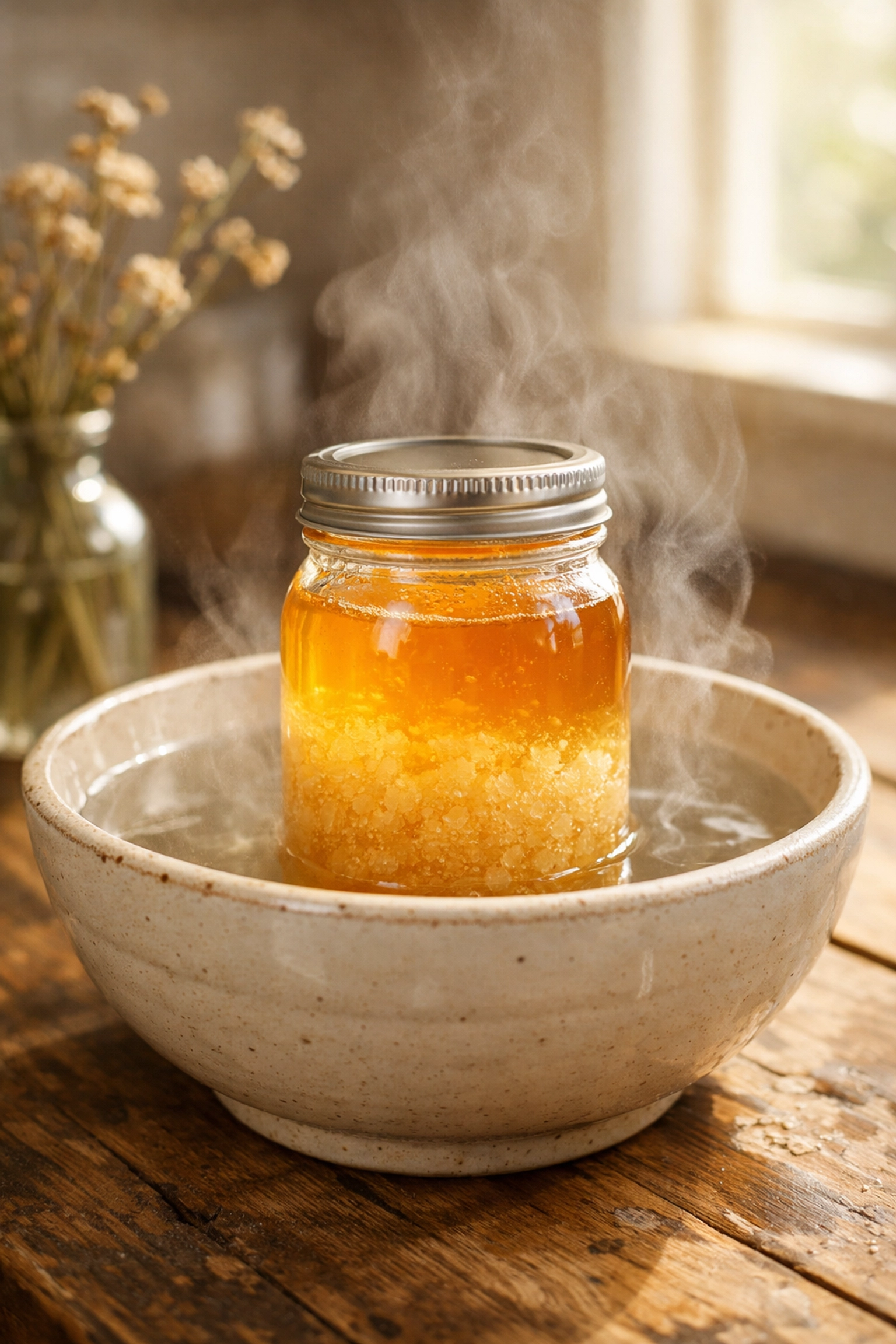 Gently warming a jar of crystallised raw honey in a bowl of warm water to preserve its natural enzymes.