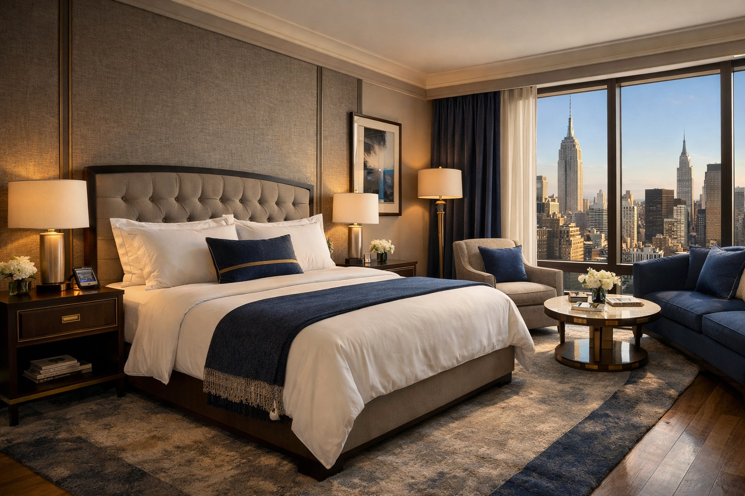 Luxury hotel room in NYC with king bed and Manhattan skyline views