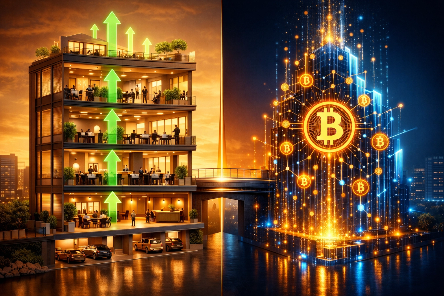 Real estate cash flow and Bitcoin network comparison showing complementary alternative investment strategies