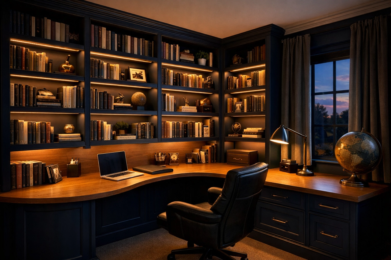 Bespoke home office library shelving in navy blue with an integrated oak desk and warm lighting.