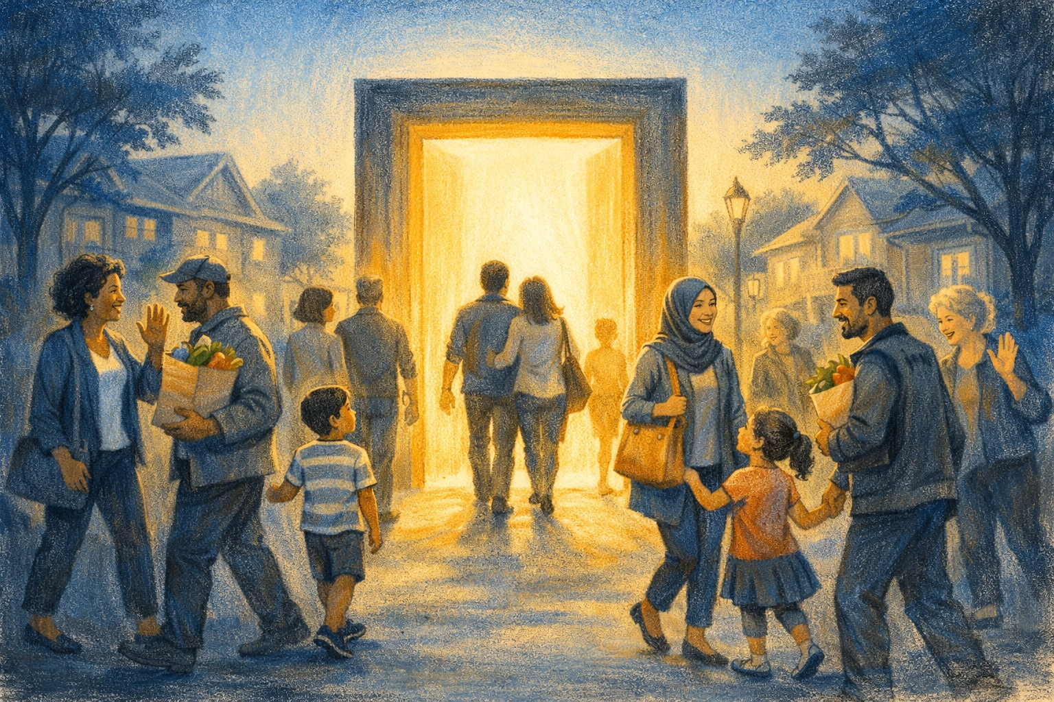 Diverse community members walking through welcoming doorway in Memphis neighborhood