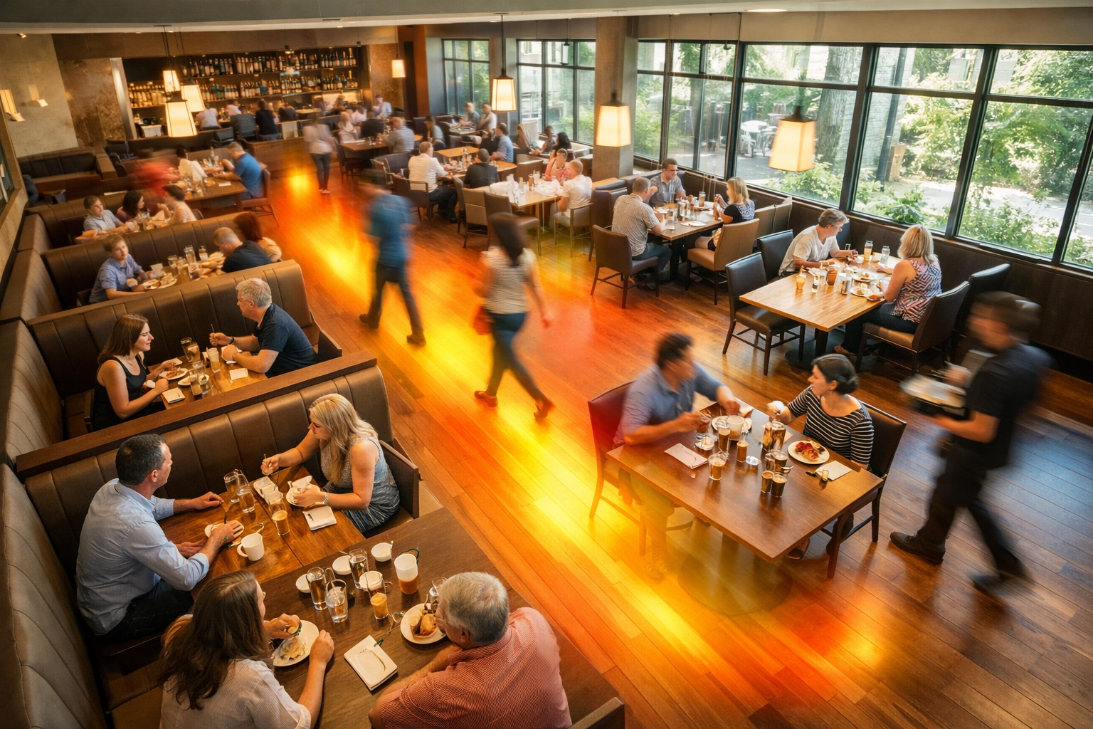 Restaurant dining room heat map showing customer flow patterns and popular seating areas