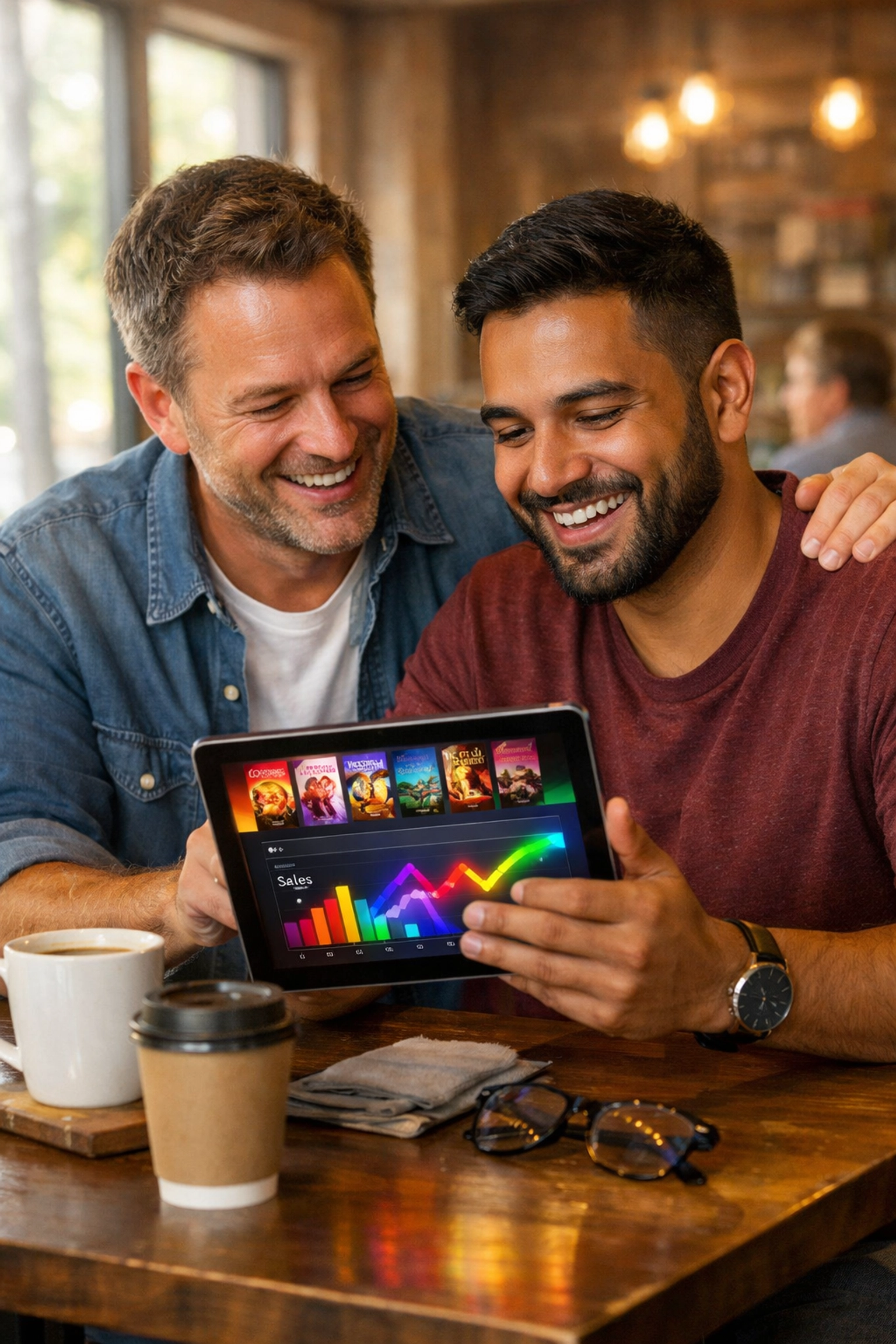 MM romance authors reviewing successful book sales and analytics on tablet together