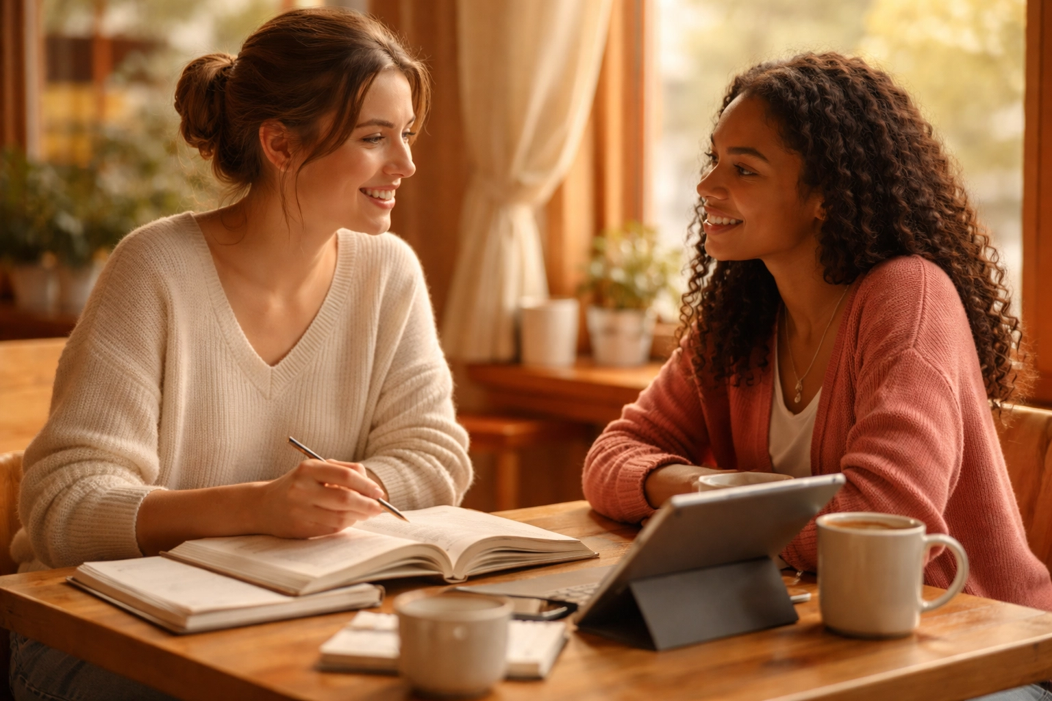Tutor and student engaging warmly at a cozy table, illustrating safe, trans-affirming educational support.