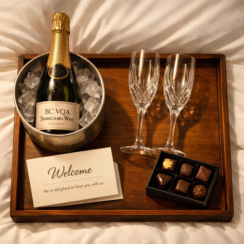 Premium guest welcome tray with local BC wine for a professional Airbnb management Vancouver experience.