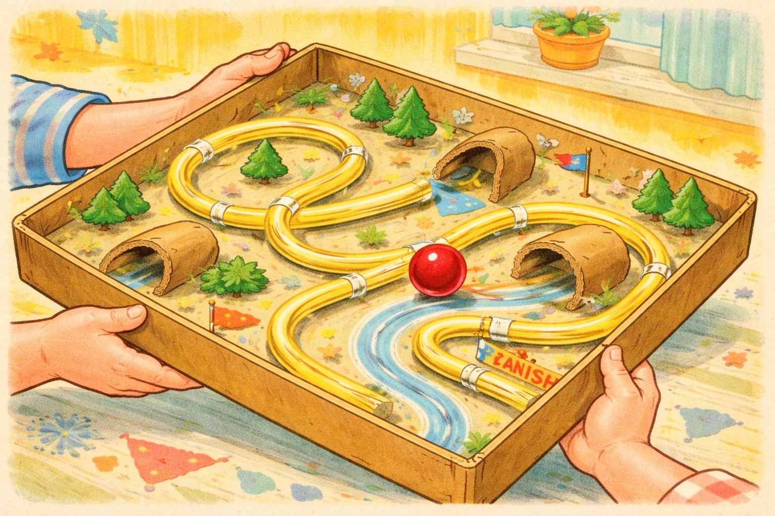 Small hands tilting a completed cardboard marble maze with a red marble on curving straw tracks
