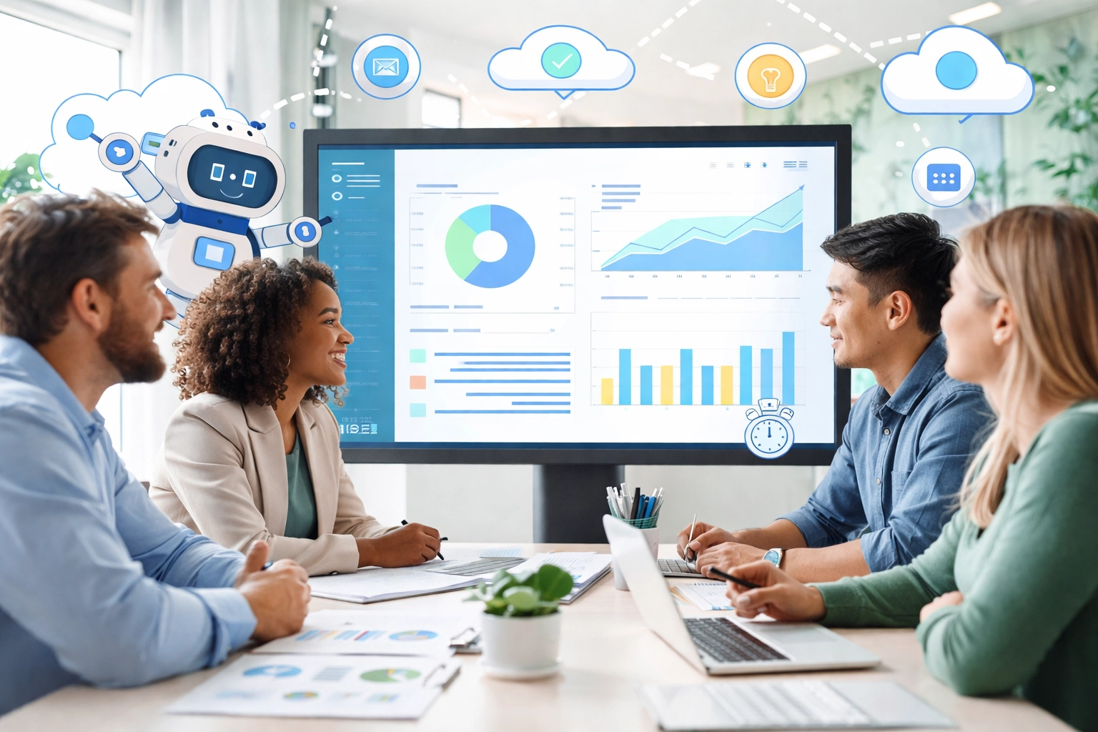 Small business team collaborating around analytics dashboard exploring machine learning platforms