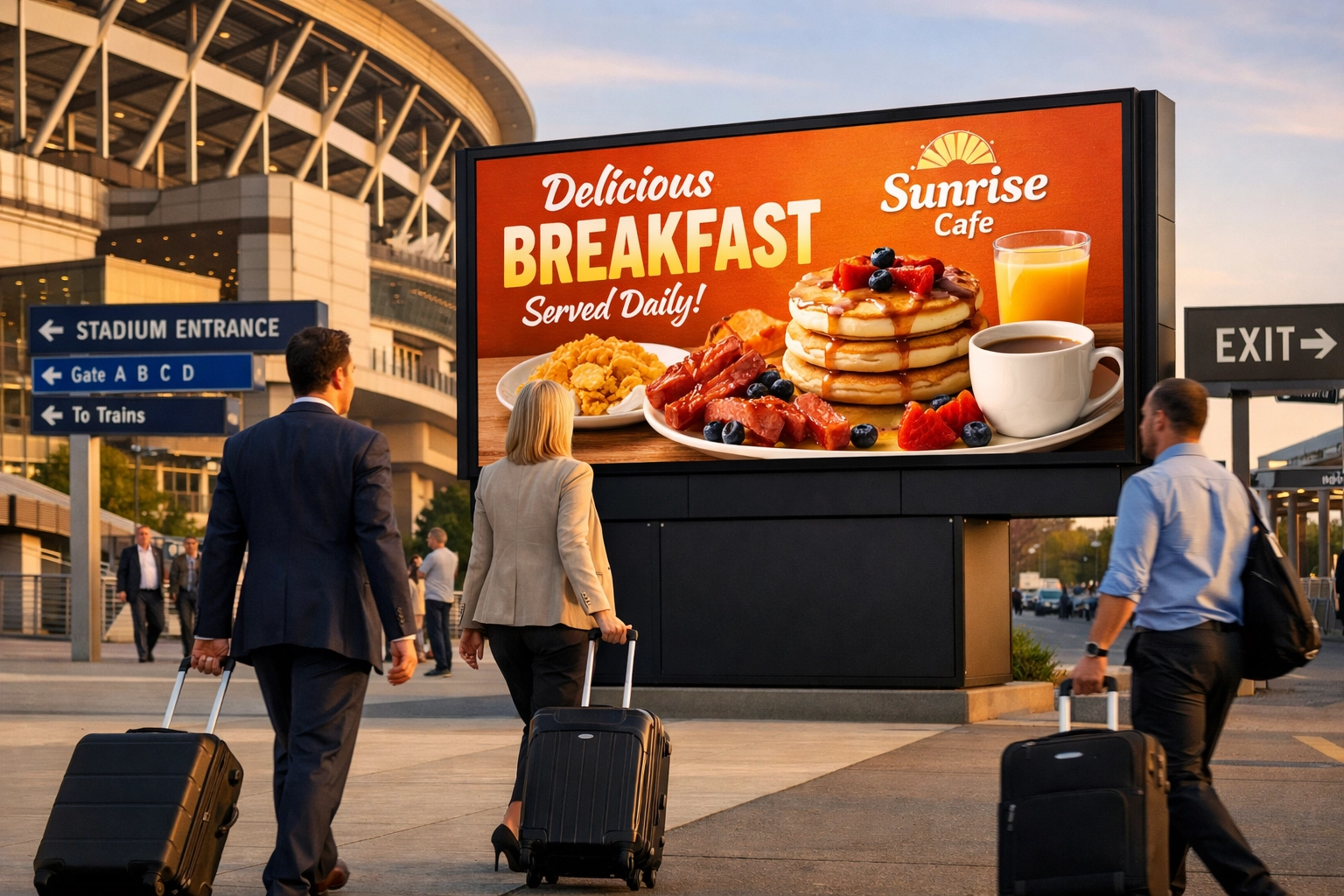 Digital billboard at stadium approach showing temporal advertising strategy during Super Bowl 2026