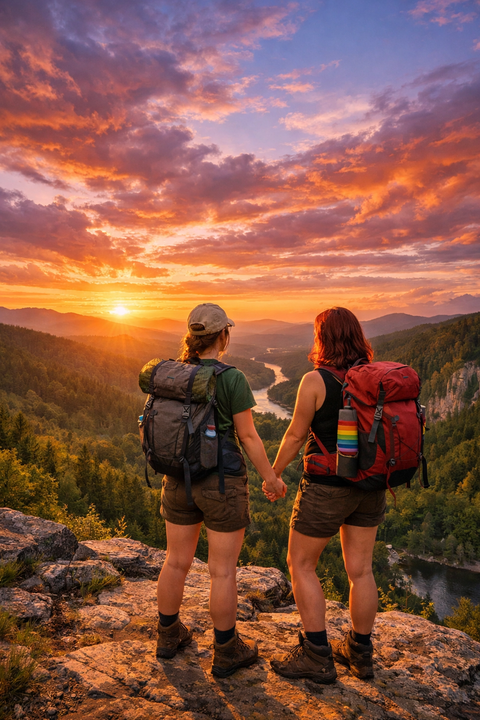 A lesbian couple overlooking a valley at sunset, representing eco-queer spirituality and healing in nature.