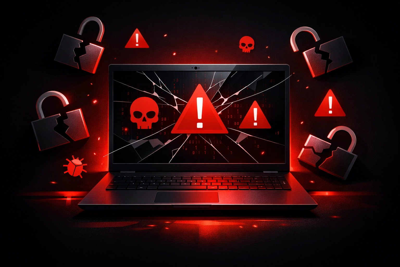 Laptop displaying security warnings and broken padlocks representing website security vulnerabilities