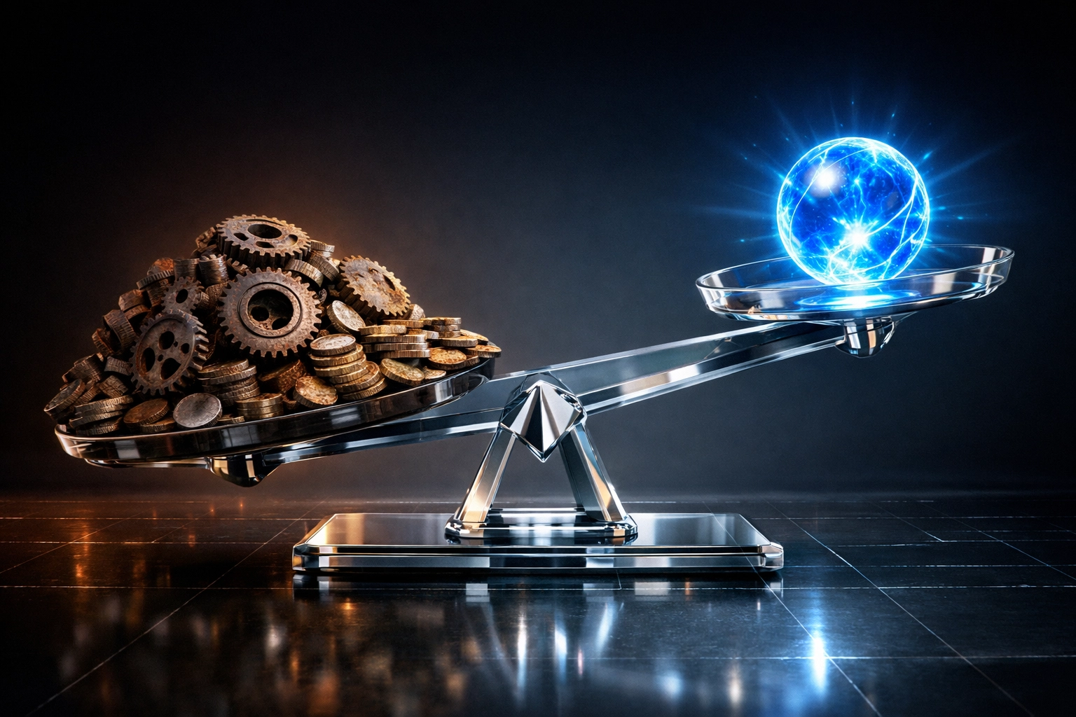 A scale balancing heavy merchant transaction fees against Larecoin’s lightweight, gas-only payment model.