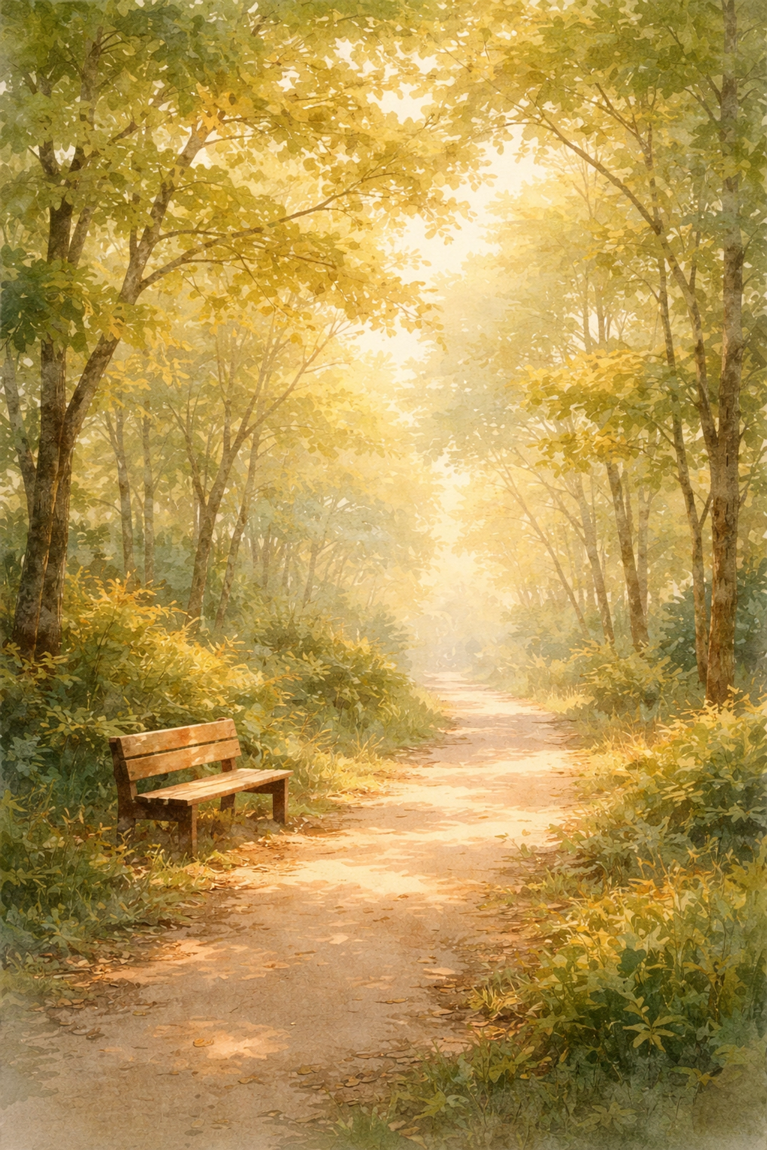 Empty bench on a peaceful forest path in dappled sunlight, symbolizing calm and escape from sensory overload