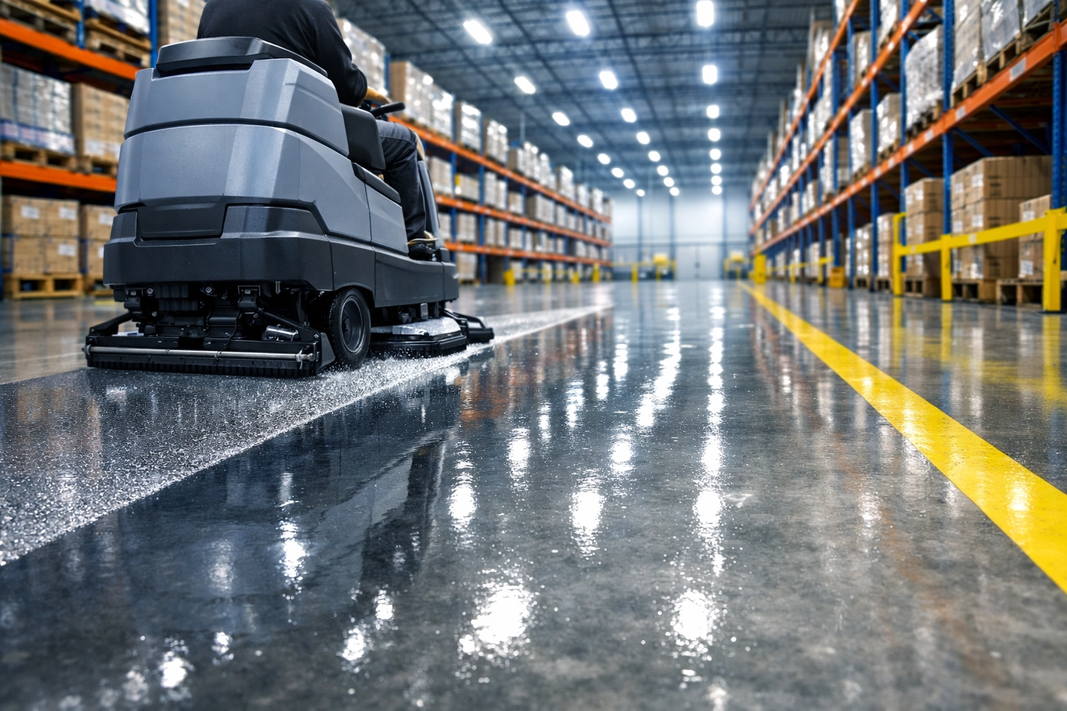 Industrial floor scrubber cleaning a warehouse floor for audit readiness with contract cleaning services.