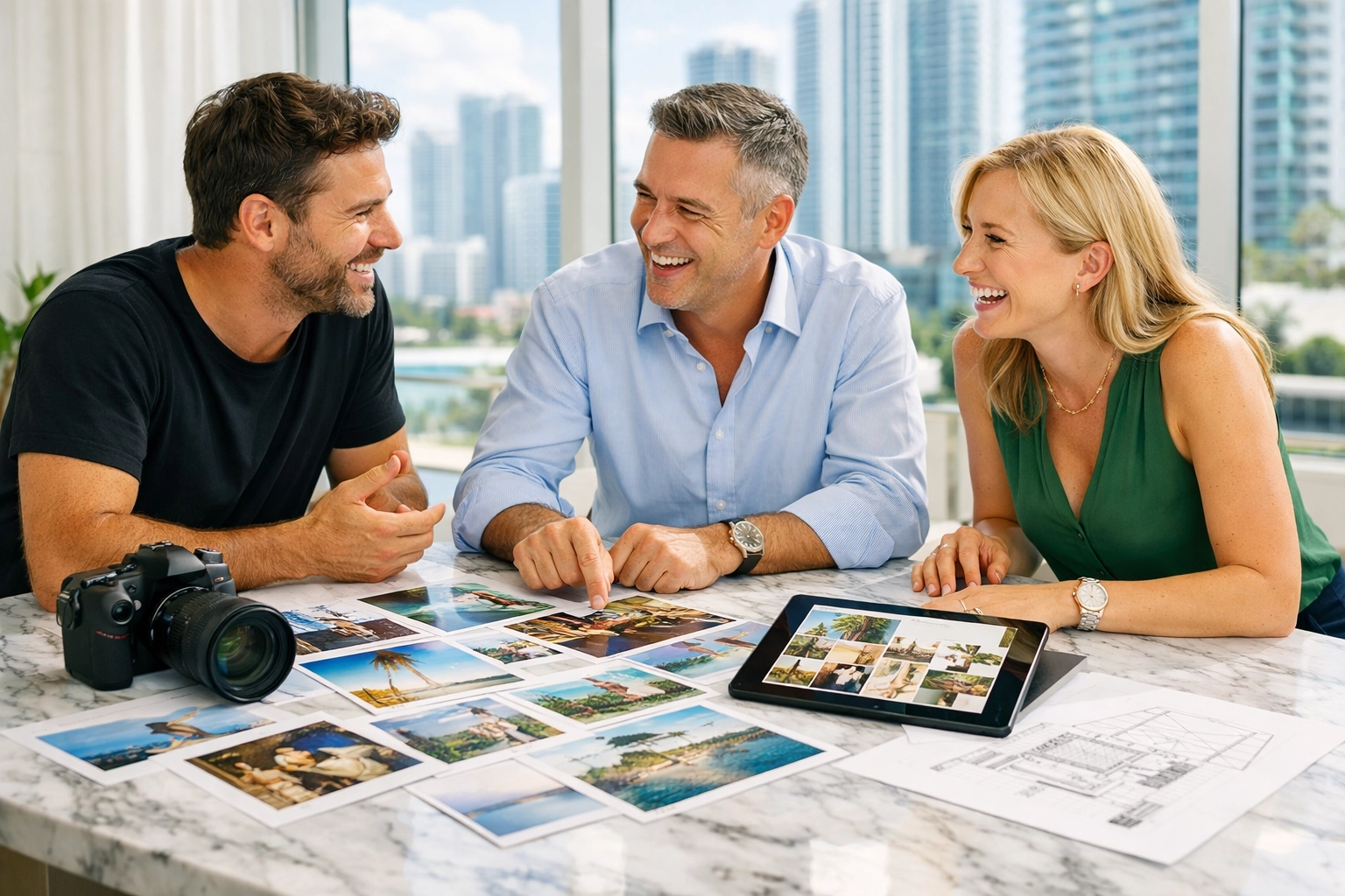 A commercial photographer in Miami collaborating with clients on a creative brand strategy and mood board.