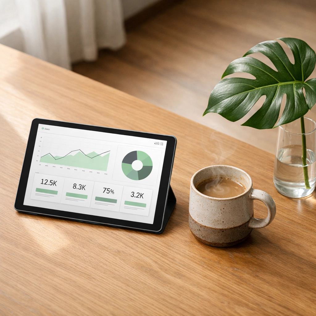 Modern boutique hotel office desk with a data tablet showing automated pricing performance.